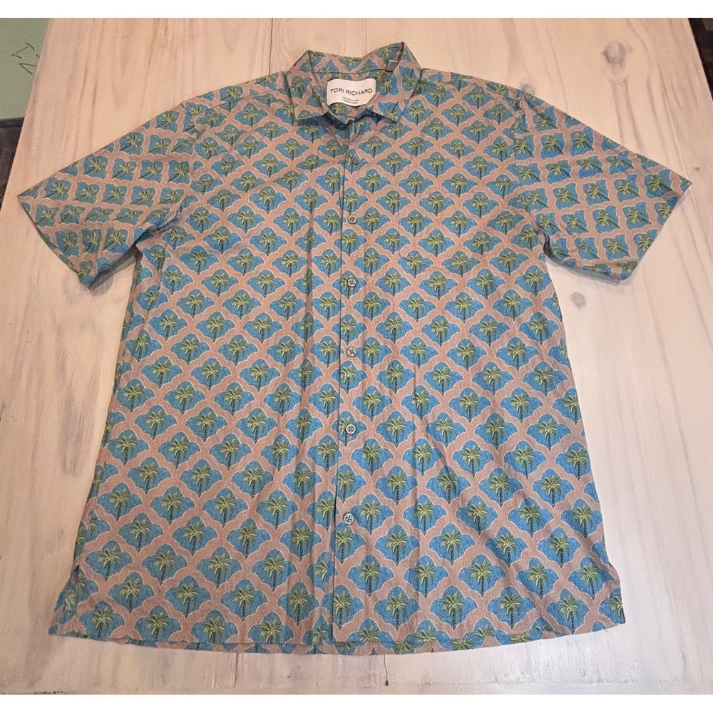 Tori‎ Richard Mens L Cotton Lawn Aloha Shirt Palm Tree Print Made in Hawaii USA